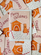 Load image into Gallery viewer, Colourful sweet and gingerbread themed soft coated wheaten terrier card celebrating christmas drawn by Harriet Billingham