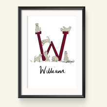 Load image into Gallery viewer, A customised print featuring a stylized letter 'W' with wheaten terriers in the place of the letters, and a name 'William' written in a cursive script.