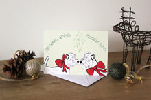 Load image into Gallery viewer, west highland white terriers under mistletoe wearing red ribbons.