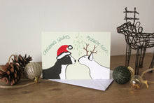 Load image into Gallery viewer, bull terriers under mistletoe wearing a Santa hat and antlers