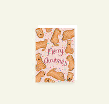 Load image into Gallery viewer, Designed and drawn by Harriet Billingham is this Merry Christmas Gingerbread Wheaten Pattern Christmas card showing lots of wheatens made out of gingerbread.