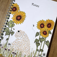 Load image into Gallery viewer, Notebook with sunflowers, soft coated wheaten terriers and bees