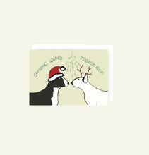 Load image into Gallery viewer, Bull Terrier Christmas wishes and mistletoe kisses Christmas card.