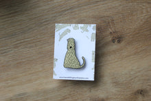 Load image into Gallery viewer, soft coated wheaten terrier enamel 2024 pin badge made and designed by Harriet Billingham illustrations