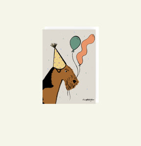 Airedale Terrier Party Birthday congratulations card drawn by Harriet Billingham Illustration