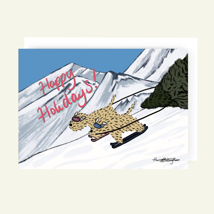 Cartoon dog skiing with mountains and 'Happy Holidays!' text on a snowy background