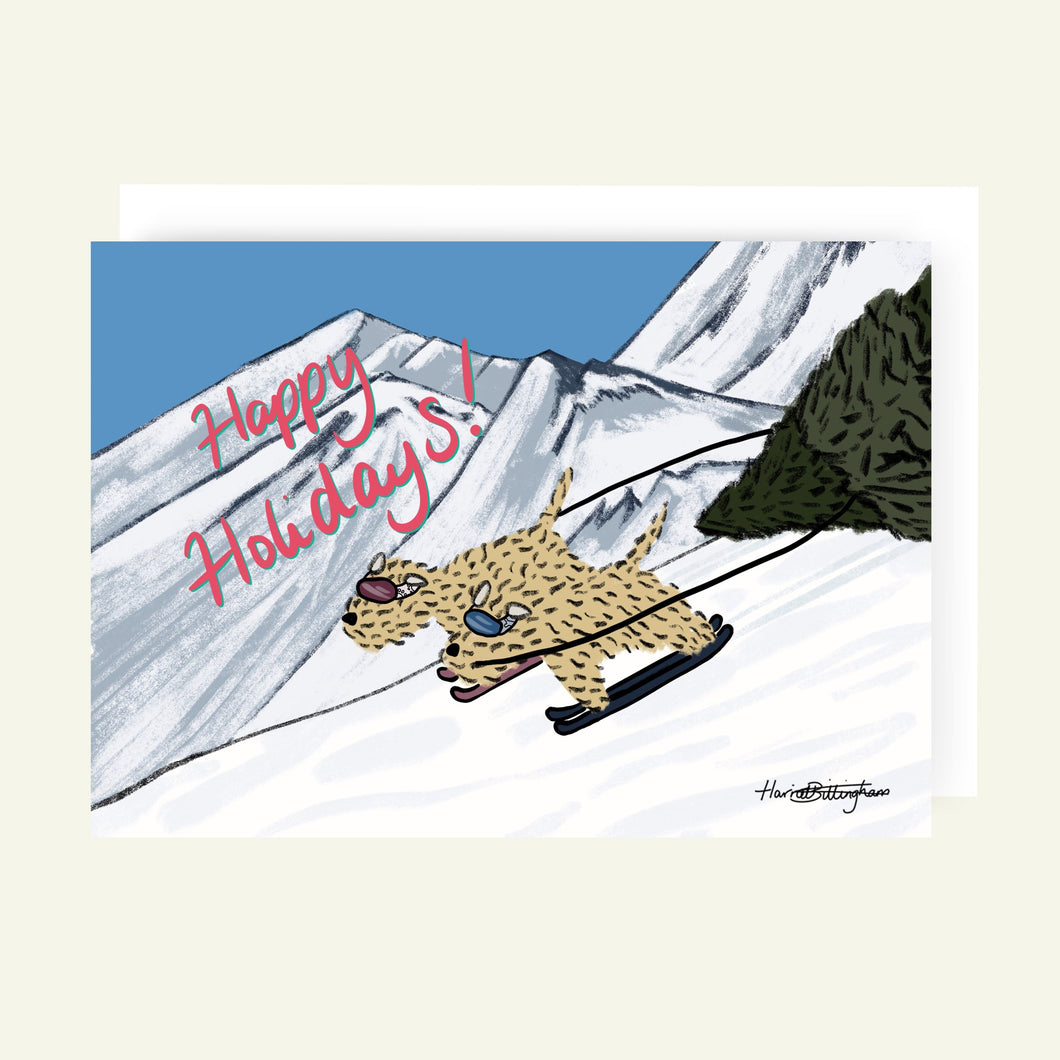Cartoon dog skiing with mountains and 'Happy Holidays!' text on a snowy background