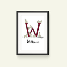 Load image into Gallery viewer, A customised print featuring a stylized letter &#39;W&#39; with wheaten terriers in the place of the letters, and a name &#39;William&#39; written in a cursive script.
