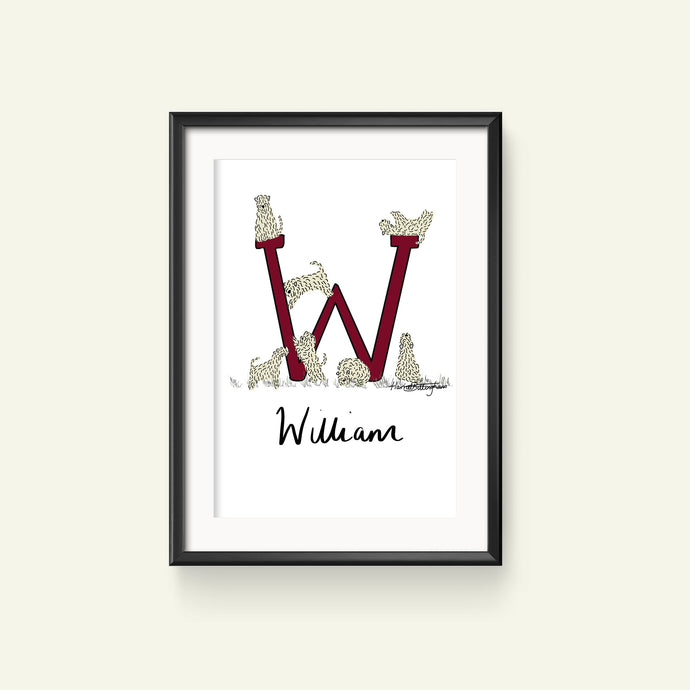 A customised print featuring a stylized letter 'W' with wheaten terriers in the place of the letters, and a name 'William' written in a cursive script.
