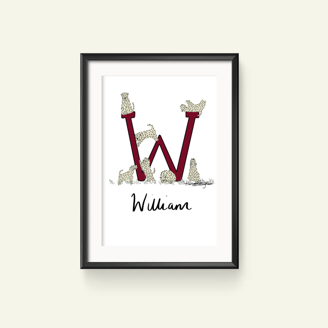 A customised print featuring a stylized letter 'W' with wheaten terriers in the place of the letters, and a name 'William' written in a cursive script.