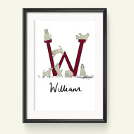 A customised print featuring a stylized letter 'W' with wheaten terriers in the place of the letters, and a name 'William' written in a cursive script.