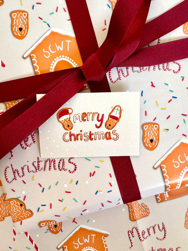 Gingerbread soft coated wheaten terrier christmas wrapping paper tags close up