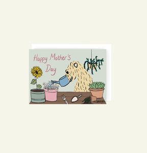 Happy Mother's Day soft coated wheaten terrier Card drawn by Harriet Billingham illustration showing a wheaten gardening