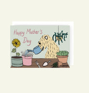 Happy Mother's Day soft coated wheaten terrier Card drawn by Harriet Billingham illustration showing a wheaten gardening
