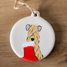 Load image into Gallery viewer, Soft Coated Wheaten Terrier With Christmas Stocking Christmas decoration by Harriet Billingham
