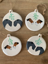 Load image into Gallery viewer, close up Christmas decorations of wire fox and Kerry blue terriers
