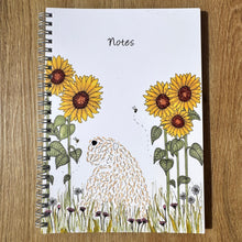 Load image into Gallery viewer, Notebook with sunflowers, soft coated wheaten terriers and bees and wild flowers
