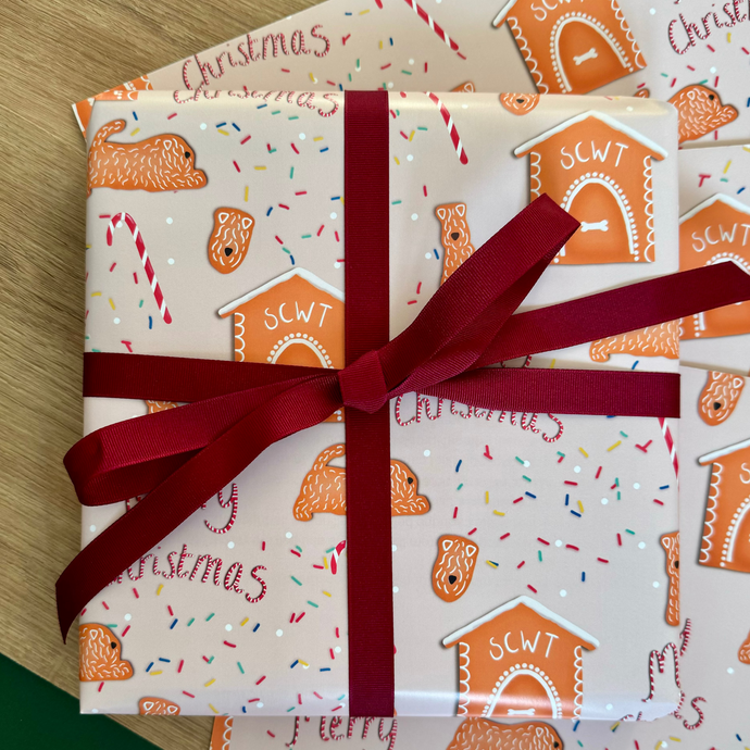 gingerbread themed soft coated wheaten terrier christmas wrapping paper designed by Harriet