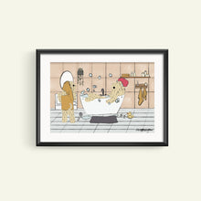 Load image into Gallery viewer, A framed print featuring an illustration of two toy dogs, one wearing a hat, enjoying a bath together. The background is a neutral color with a tiled wall and floor, and a towel hanging on a rack.
