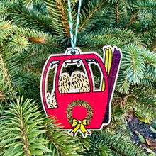 Load image into Gallery viewer, wooden Christmas decoration in the shape of a red gondola. with two soft coated wheaten terriers in.
