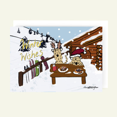 Cartoon scene with Soft-Coated wheaten Terriers around a table with food, 'Winter Wishes' text, and a snowy cabin background.