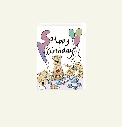 Happy Birthday Tea Party Soft Coated Wheaten Terrier Birthday card drawn by Harriet Billingham Illustrations showing a fun British tea and cake theme