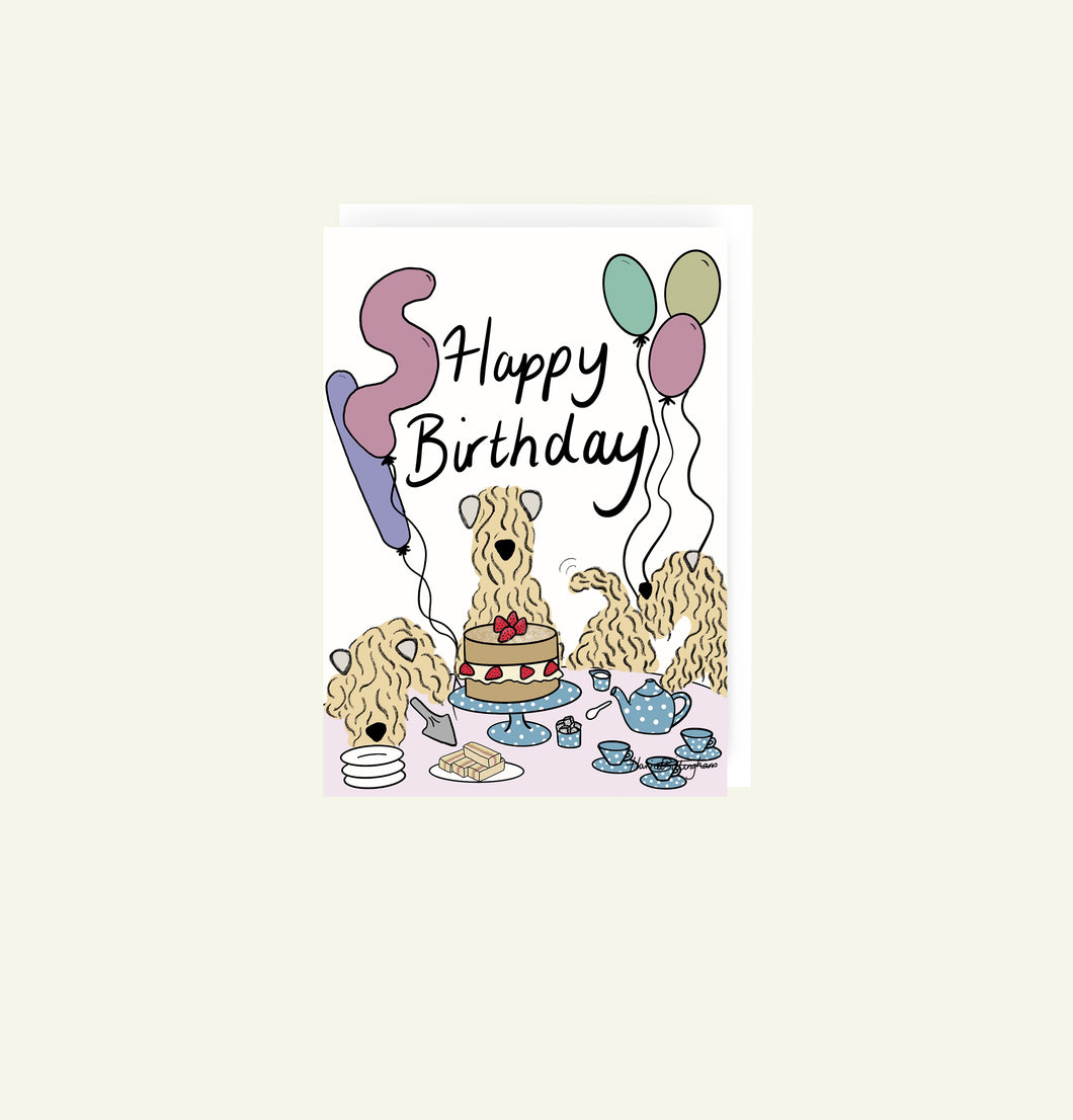 Happy Birthday Tea Party Soft Coated Wheaten Terrier Birthday card drawn by Harriet Billingham Illustrations showing a fun British tea and cake theme