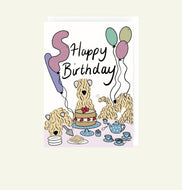 Happy Birthday Tea Party Soft Coated Wheaten Terrier Birthday card drawn by Harriet Billingham Illustrations showing a fun British tea and cake theme