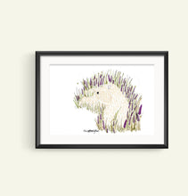 Load image into Gallery viewer, A print from an original drawing done by Harriet Billingham Illustration of a Soft Coated Wheaten Terrier lying in a meadow of lavender and grass surrounded by bumble bees
