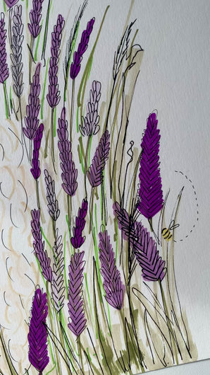 A short video of the lavender and bumble bee print with a soft coated wheaten terrier in