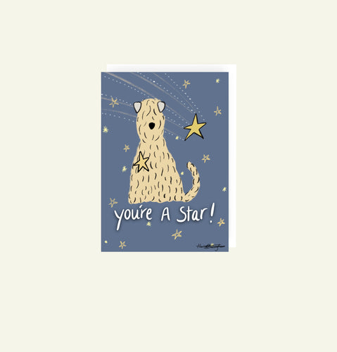 You're A Star greetings card with a soft coated wheaten terrier on digitally drawn by Harriet Billingham